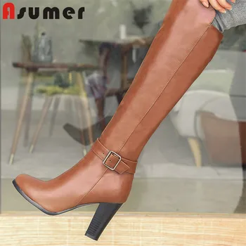 ASUMER/ 2021 г., големи размери 34-43, ботуши до коляното, дамски ежедневни обувки на дебел висок ток с катарама и мълния 9 см, есенно-зимни ботуши цвят черен