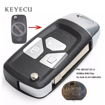 Keyecu Обновен Флип Дистанционно Ключодържател 433 Mhz ID48 Чип за Audi A3 A4 1999 2000 2001 2002 4D0 837 231 A
