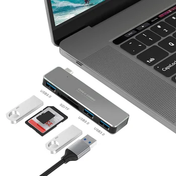 USB C HUB Type C Thunderbolt 3 Зарядно устройство 5 в 1 USB-C Адаптер Комбиниран Ключ с Порта USB 3.0 Слот за TF Карта Micro SD за MacBook Pro
