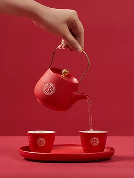Керамика Традиционен Китайски Червен Сватбен Чайник С Двойно Щастие, Чаена Чаша, Кана, Комплект За Чайна Церемония, Луксозни Подаръци За Булката и Младоженеца