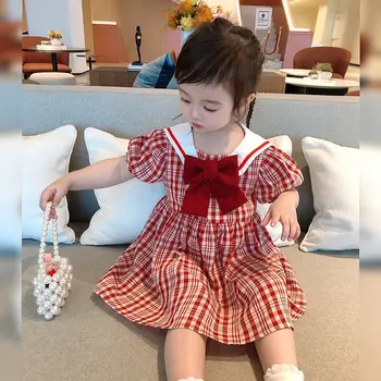 Пола за момичета в стил колеж 2022 г., нова детска лятна корейската версия на червено клетчатого детски рокли, детски дрехи