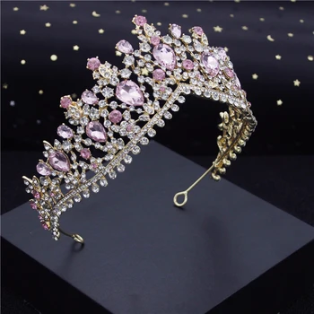 Розово Прекрасна Crystal Сватбена Crown Royal Queen Диадеми Превръзка на Главата за Момичета Бала Сватбена Прическа на Булката Диадема Украса За Коса