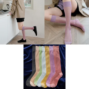 Тънки кристални копринени чорапи с висока тръба от японската златна и сребърна вкара прежда, обикновена корейски модни чорапи до коляното